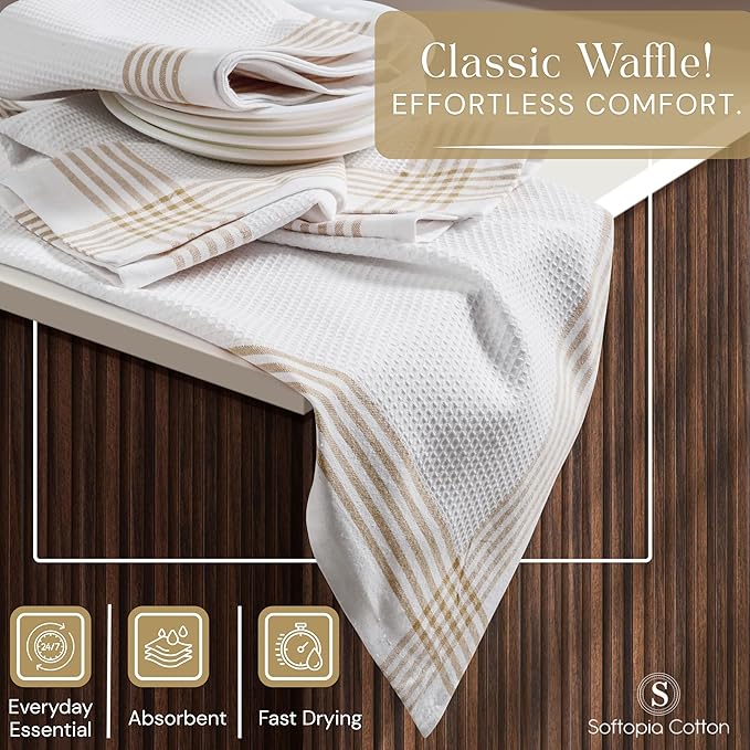Waffle White & Beige Kitchen Dish Towels 4 Pack, 100% Cotton, 16x26 inches, Durable Dish Cloths Set, Quick Dry Kitchen Rags, Everyday Use Cooking and Cleaning Hand Towels, Bar Towel