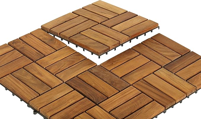 Bare Decor BARE-WF2009 Solid Teak Wood Interlocking Flooring Tiles (Pack of 10), 12" x 12", Brown