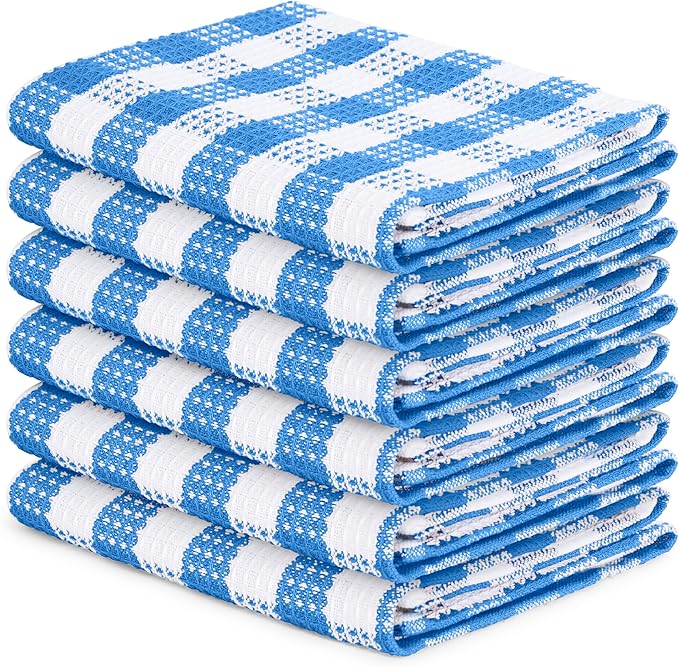 Blue Needles Waffle Weave Check Plaid Kitchen Towels, 15x25 Inches 100% Cotton Set of 6 Dish Towels for Kitchen, Soft & Absorbent for Quick Drying with Hanging Loop Spring Summer - Sky Blue & White