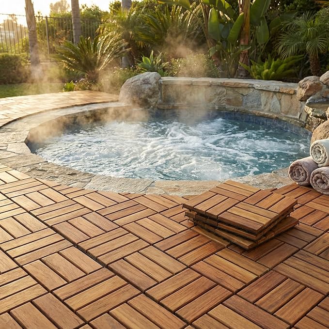 Bare Decor BARE-WF2009 Solid Teak Wood Interlocking Flooring Tiles (Pack of 10), 12" x 12", Brown