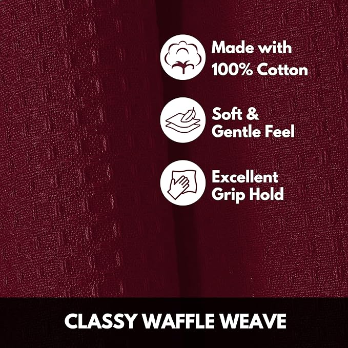 Burgundy Kitchen Towels – Waffle Weave, 100% Cotton, Soft & Absorbent, Fast Dry, Durable, 16x26 Inches, Perfect for Dish Drying, Bar, Cleaning, Hand Wipe and Everyday Use, Set of 4