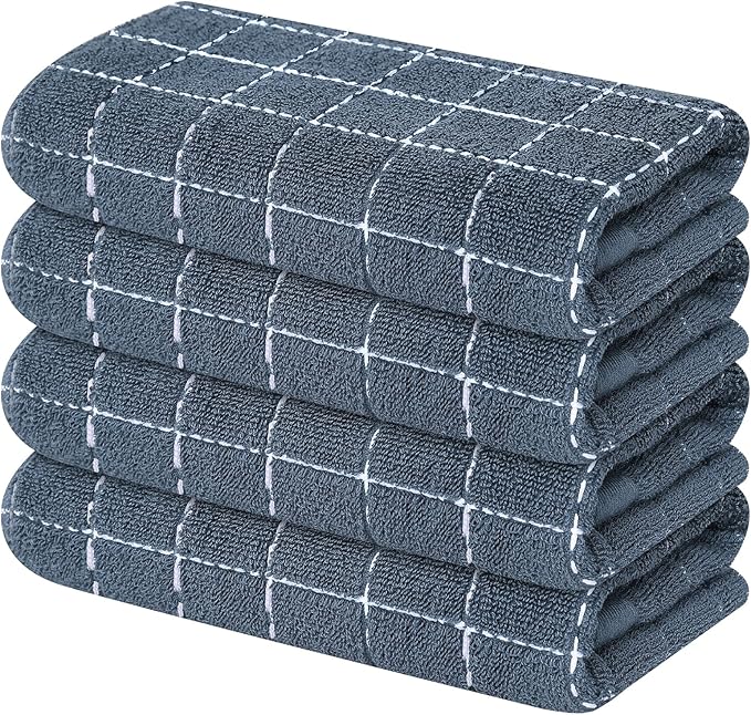 Mordimy 100% Cotton Terry Cloth Kitchen Towels, Super Soft and Absorbent Dish Towels for Drying, Checkered Designed Hand Towels for Kitchen, 16 x 26 Inches, 4 Pack, Grey