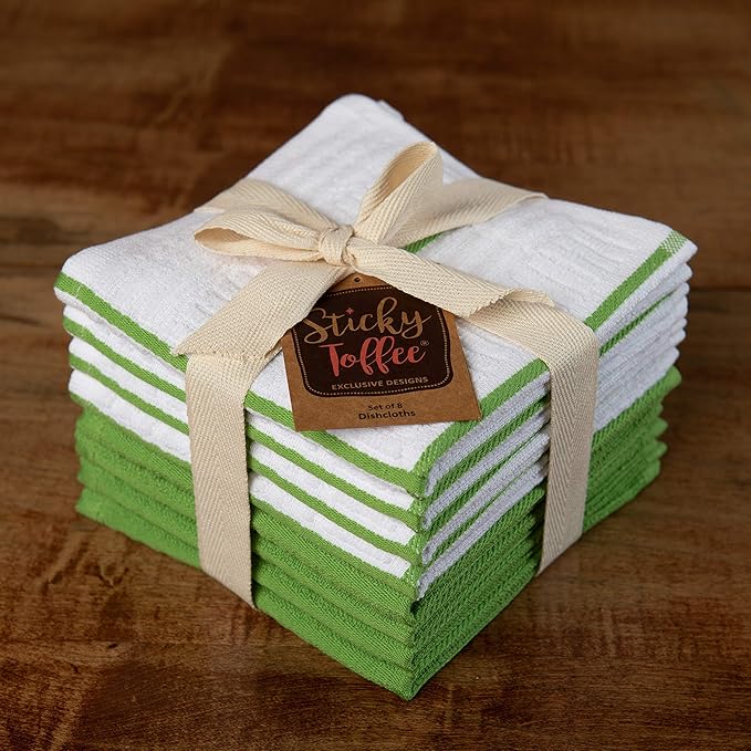 Sticky Toffee Cotton Dishcloths Set of 8, Green and White, 12 x 12 in, Absorbent Reusable Tea Towels and Cleaning Cloths, Oeko-Tex Cotton