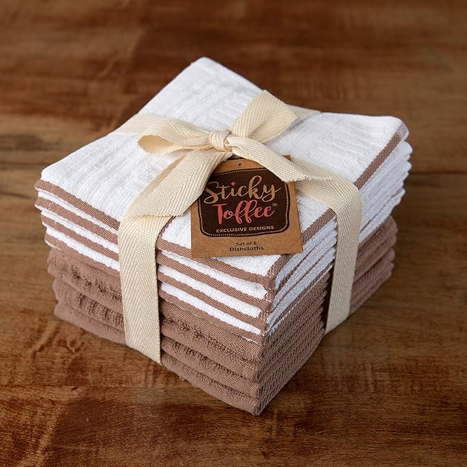 Sticky Toffee Cotton Dishcloths Set of 8, Brown and White, 12 x 12 in, Absorbent Reusable Tea Towels and Cleaning Cloths, Oeko-Tex Cotton