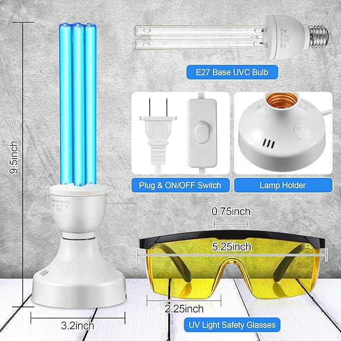 Qualirey 2 Pack 25 Watt UV Light Disinfection, UVC Light with E27 Base and Remote Control and UV Protection Glasses, Light Bulb for Basement/Bedroom/Kitchen, with Ozone