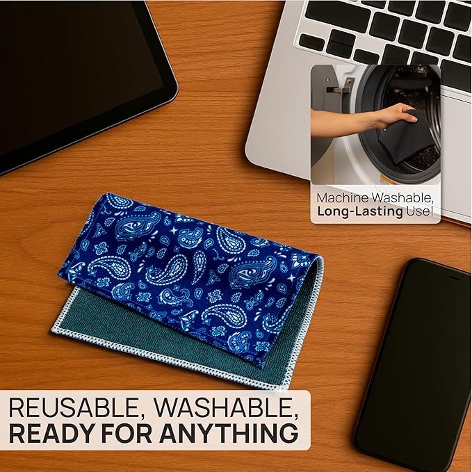 Quick Cloth Microfiber Glasses Cleaning Cloths – 8x8, Paisley Blue, 1 Pack with Case | Double-Sided Lens Cleaner for Eyeglasses, Camera, Screens & Glass | Reusable Microfiber Glass Polishing Cloths