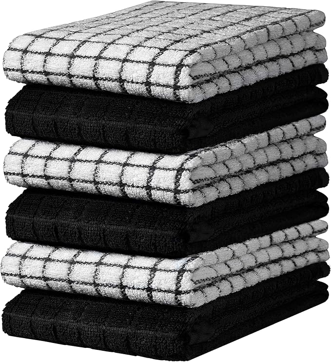 Bumble Kitchen Towels | 100% Cotton Dish Towels with Hanging Loop | 16"x 28" | 380GSM | Absorbent Kitchen Towel Set | 6 Pack, Black