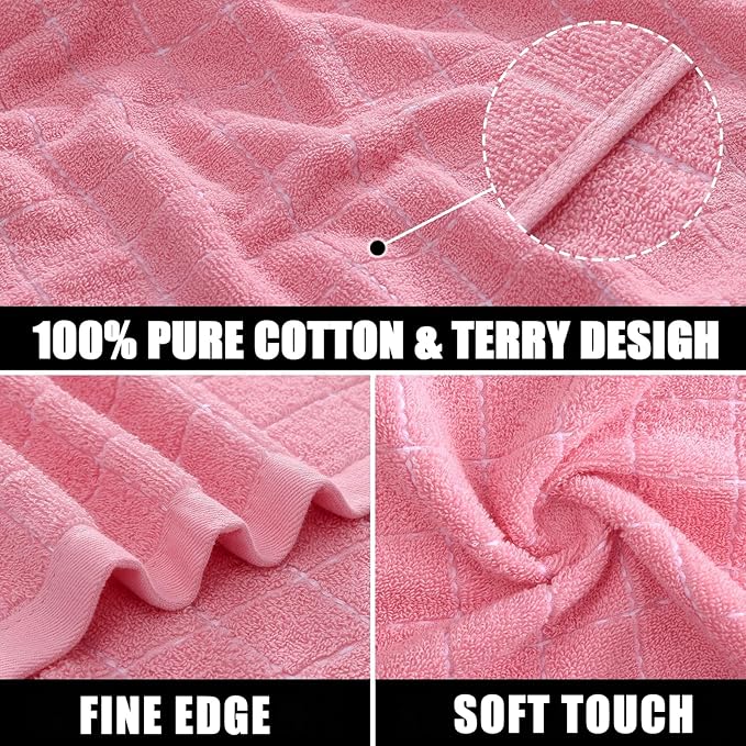 Mordimy 100% Cotton Terry Cloth Dish Cloths, Soft and Absorbent Checkered Dish Towels, Quick Drying Dish Rags for Washing Dishes, 6 Pack, 12 x 12 Inches, Pink