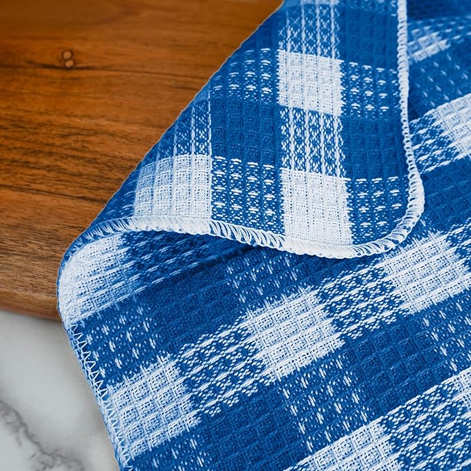 Blue Needles Waffle Weave Check Plaid Dish Cloths, 12x12 Inches 100% Cotton Set of 8 Dish Towels for Kitchen, Ultra Soft & Absorbent Kitchen Towels for Quick Drying Spring Summer - Sky Blue & White