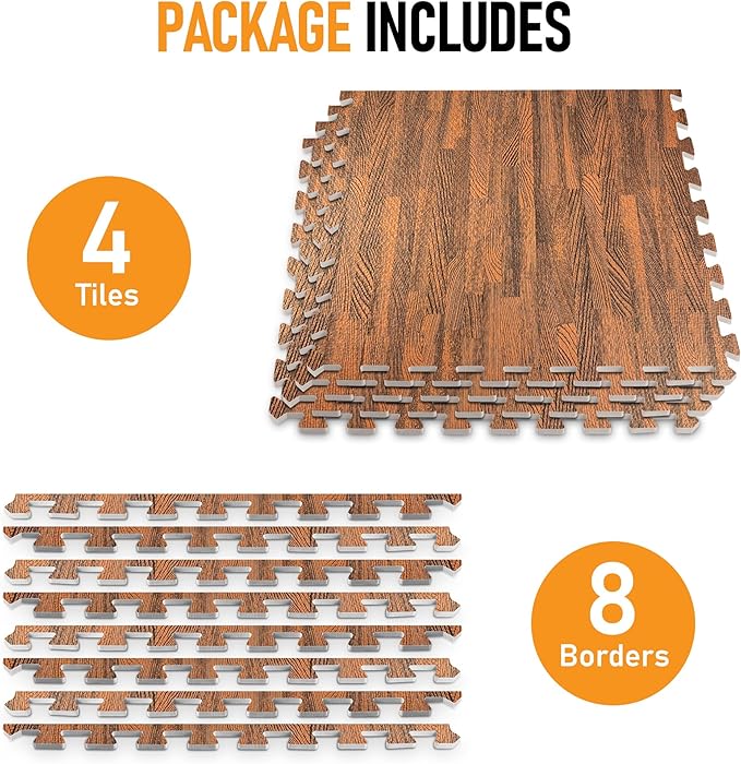 HomeCube USA 3/8 Inch Thick Interlocking Wood Grain Foam Floor Tiles for Home, Office, Workout Equipment Space, Commercial Areas, Anti-Fatigue Flooring Padding 24x24 in., Dark Oak, 16 SQ Ft - 4 Tiles
