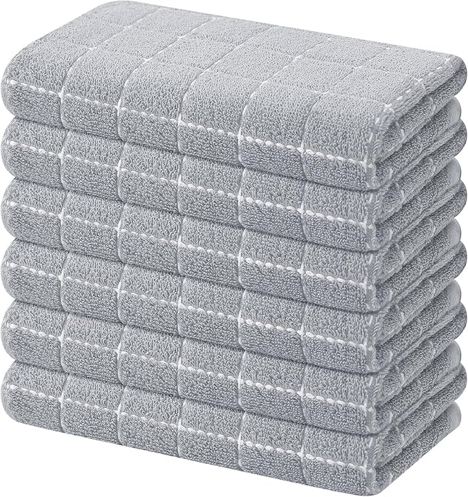 Mordimy 100% Cotton Terry Cloth Kitchen Towels, Super Soft and Absorbent Dish Towels for Drying, Checkered Designed Hand Towels for Kitchen, 16 x 26 Inches, 6 Pack, Light Grey