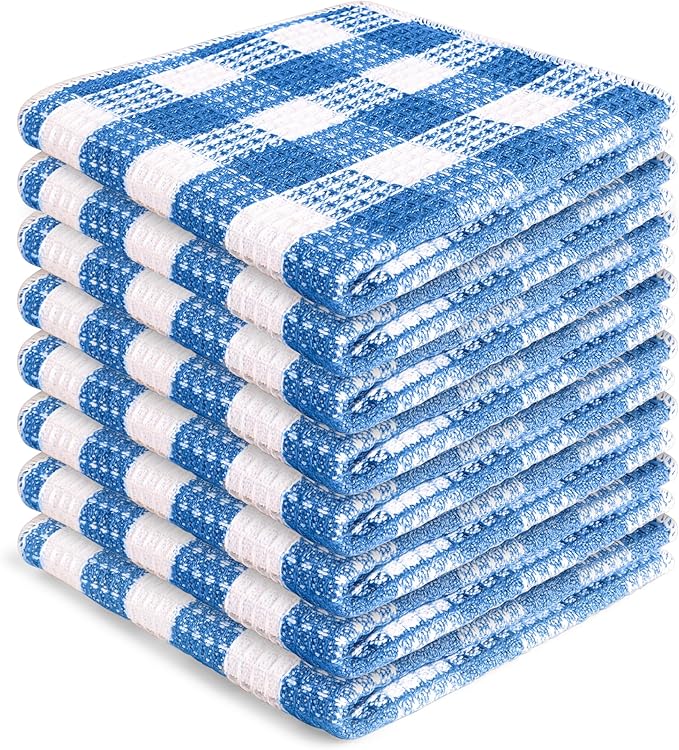 Blue Needles Waffle Weave Check Plaid Dish Cloths, 12x12 Inches 100% Cotton Set of 8 Dish Towels for Kitchen, Ultra Soft & Absorbent Kitchen Towels for Quick Drying Spring Summer - Sky Blue & White