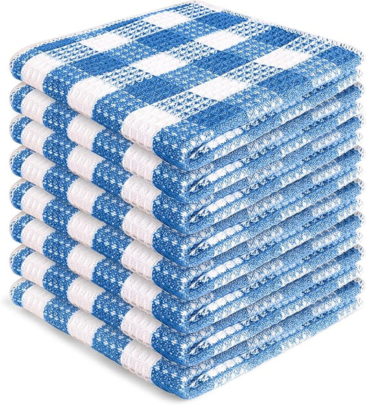 Blue Needles Waffle Weave Check Plaid Dish Cloths, 12x12 Inches 100% Cotton Set of 8 Dish Towels for Kitchen, Ultra Soft & Absorbent Kitchen Towels for Quick Drying Spring Summer - Sky Blue & White