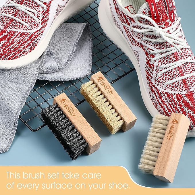 YoungJoy 3 Pieces Dual Sided Sneaker Shoe Cleaner Brush Set Shoes Clean Brush Kit Both Boar and Plastic Bristles with Microfiber Cloth (D)
