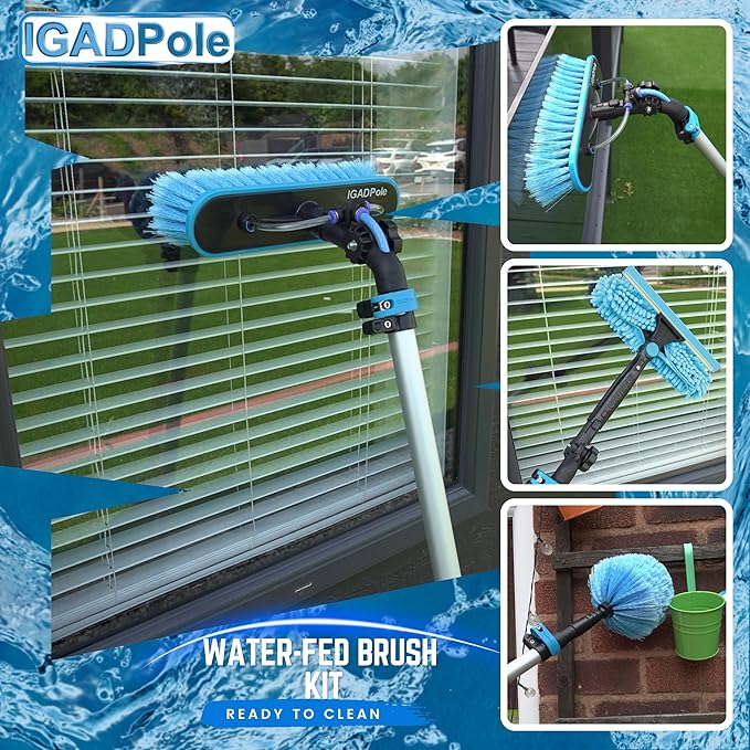 IGADPole 12 FT Water-Fed Washing Kit with Soap-Dispenser, Brush, 10″ Squeegee & Cobweb Duster for Windows, Gutters, Solar Panels & Exterior Walls