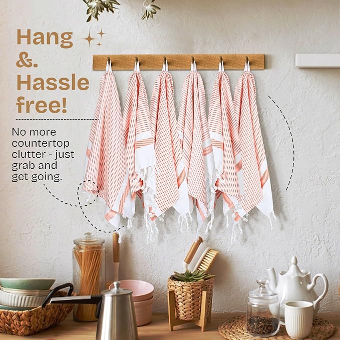 Orange Turkish Kitchen Towels 16x26 Inch, 5 Pack, 100% Cotton, Ultra Absorbent, Soft, Fast Dry, Machine Washable, Dish Towel with Tassels for Drying Dishes, Cleaning, Everyday Use