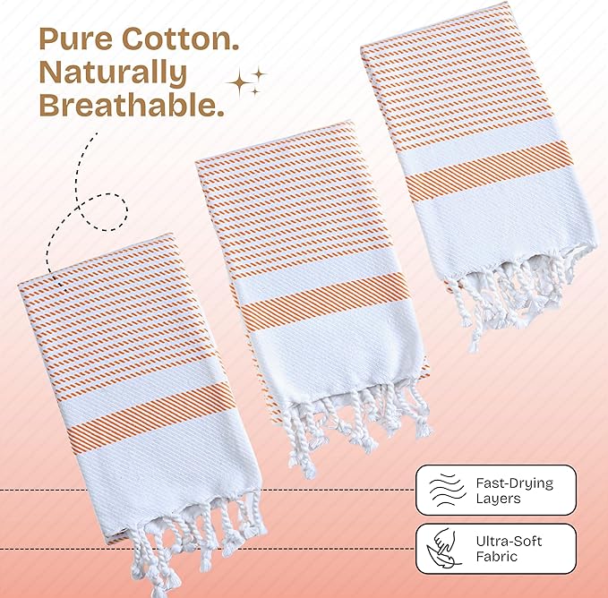 Orange Turkish Kitchen Towels 16x26 Inch, 3 Pack, 100% Cotton, Ultra Absorbent, Soft, Fast Dry, Machine Washable, Dish Towel with Tassels for Drying Dishes, Cleaning, Everyday Use
