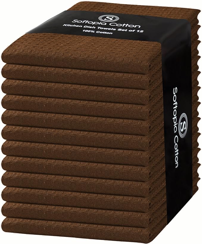 Brown Kitchen Towels – Waffle Weave, 100% Cotton, Soft & Absorbent, Fast Dry, Durable, 16x26 Inches, Perfect for Dish Drying, Bar, Cleaning, Hand Wipe and Everyday Use, Set of 12