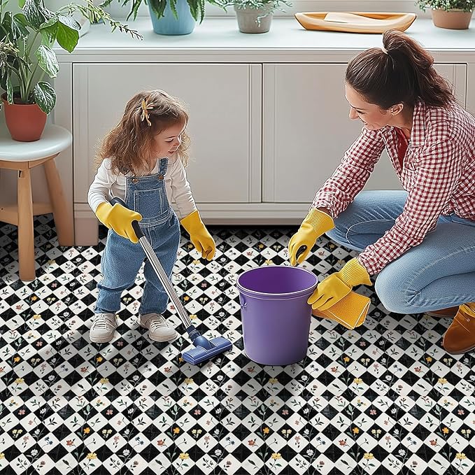 10PCS 12x12 Inch Floral Checkerboard Peel and Stick Floor Tiles Removable Self Adhesive Vinyl Flooring Stickers for Kitchen Entryway Studio Home Decor