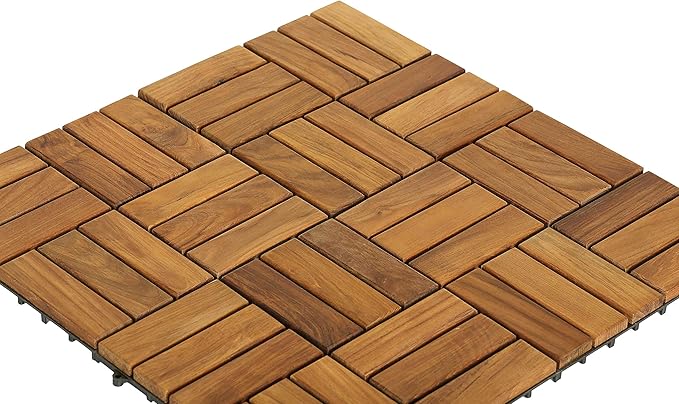 Bare Decor BARE-WF2009 Solid Teak Wood Interlocking Flooring Tiles (Pack of 10), 12" x 12", Brown