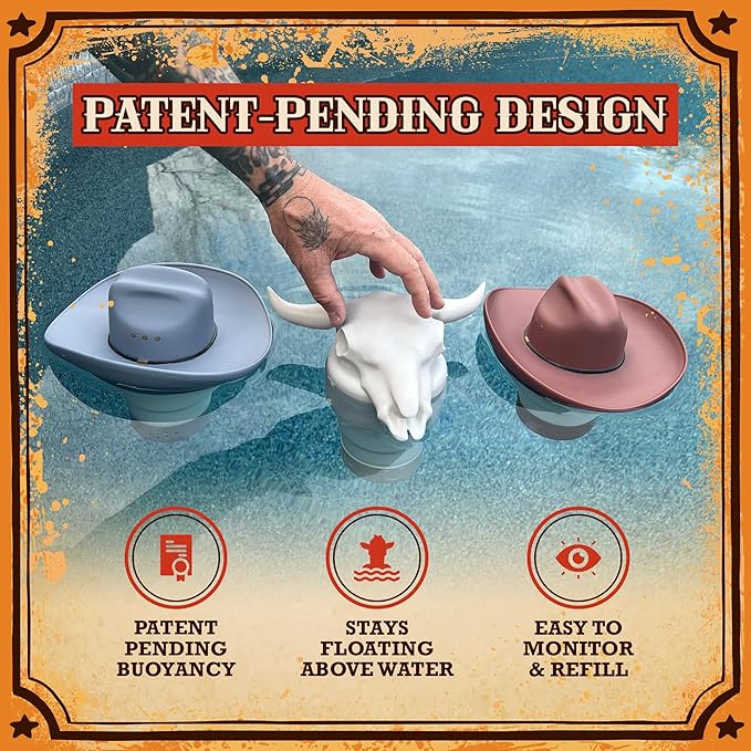 Cowboy Hat Western Floating Pool Chlorine Dispenser - Large Capacity Floater for 3" Tabs, Adjustable Flow, Unique Added Buoyancy, Weather Durable PP & ABS in Brown or Gray (Brown)