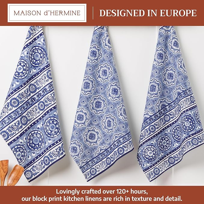 Maison d'Hermine Kitchen Towels Set of 3 100% Cotton 27.50" x 20" Reusable Cloth Tea Dish Towels Absorbent with Hanging Loop for Kitchen, Home, Dining, Cocktail Parties Spring/Summer (Melodie Bleue)
