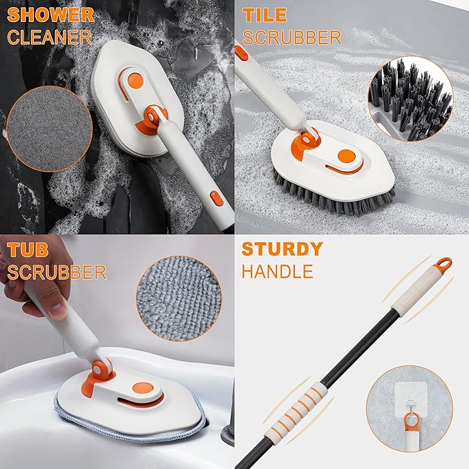 Bathroom Scrub Brush with Long Handle, 3-in-1 Tub and Tile Cleaner with 5 Replaceable Heads for Shower, Floor & Wall Cleaning