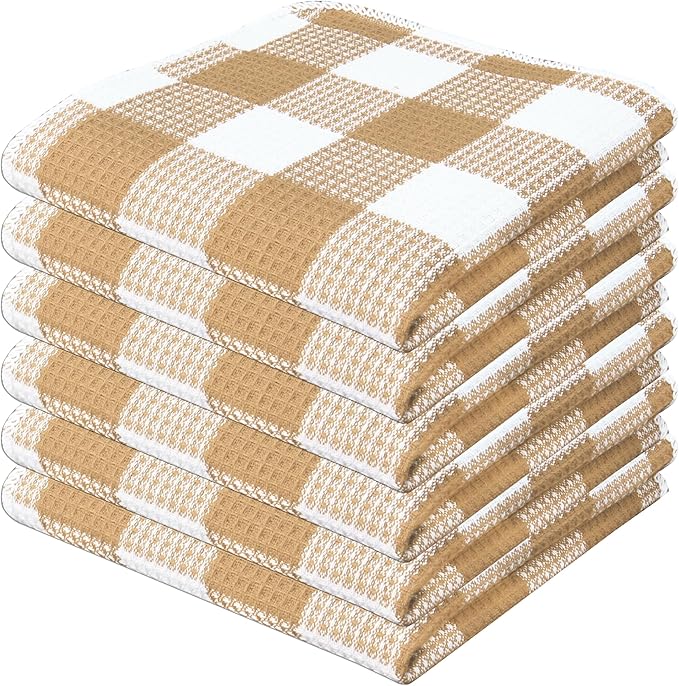 Waffle Weave Plaid Dish Cloths, 100% Cotton - 12 x 12 Inches, Ultra Soft Absorbent Quick Drying Dish Towels Buffalo Check Dish Rags for Kitchen, 6 Pack - Spring Summer - Beige and White