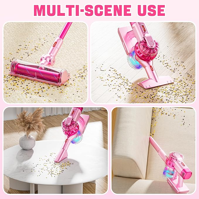 4-in-1 Kids Toy Vacuum That Works with Suction, Electric Toy Toddler Vacuum Cleaner for Children Ages 3 4 5 6+ Boys & Girls,Toddlers Toys Cleaning Set for Pretend Play (Pink)