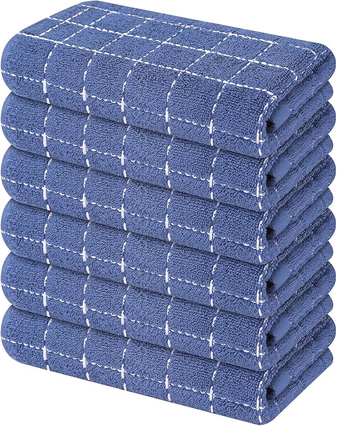 Mordimy 100% Cotton Terry Cloth Kitchen Towels, Super Soft and Absorbent Dish Towels for Drying, Checkered Designed Hand Towels for Kitchen, 16 x 26 Inches, 6 Pack, Navy