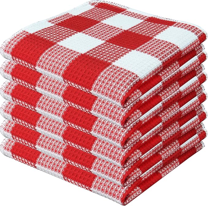 PurpleEssences Waffle Weave Plaid Dish Cloths, 100% Cotton - 12x12 Inches, Soft Absorbent Quick Drying Buffalo Check Dish Rags for Kitchen, 6 Pack - Christmas Holiday Winter - Red and White