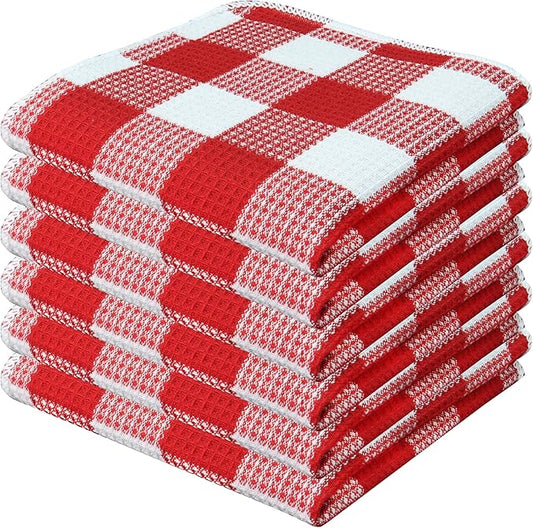 PurpleEssences Waffle Weave Plaid Dish Cloths, 100% Cotton - 12x12 Inches, Soft Absorbent Quick Drying Buffalo Check Dish Rags for Kitchen, 6 Pack - Christmas Holiday Winter - Red and White