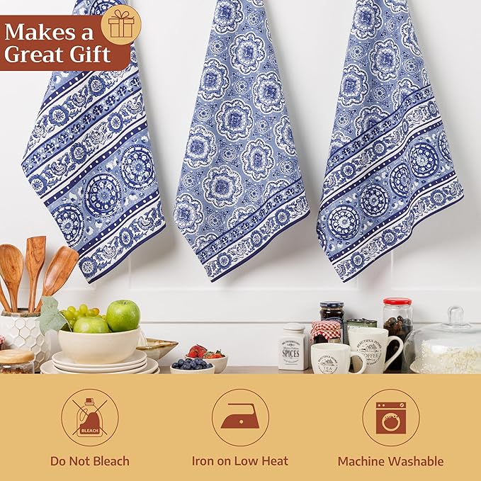 Maison d'Hermine Kitchen Towels Set of 3 100% Cotton 27.50" x 20" Reusable Cloth Tea Dish Towels Absorbent with Hanging Loop for Kitchen, Home, Dining, Cocktail Parties Spring/Summer (Melodie Bleue)