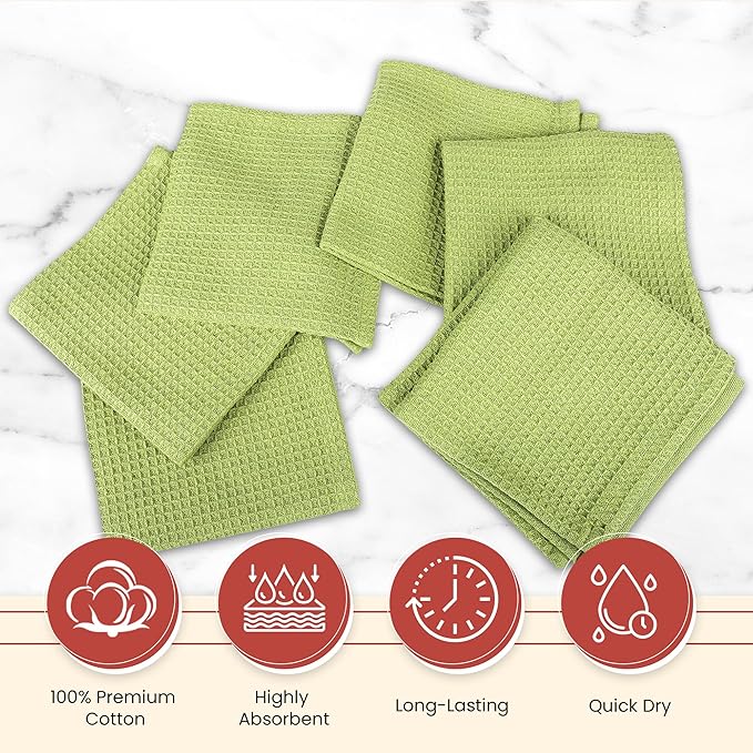 Vintage Vista 100% Cotton Waffle Dish Cloths (Pack of 6) - Dish Rags for Washing Dishes - Reusable & Highly Absorbent Kitchen Towels - Kitchen Rags for Christmas - (12" x 12" - Light Green)
