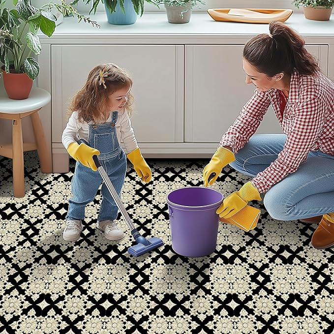 10PCS 12x12 Inch Baroque Floral Peel and Stick Floor Tiles Removable Self Adhesive Vinyl Flooring Stickers for Bathroom Living Room Bedroom Home Decor