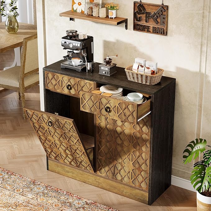 Tribesigns Double Tilt Out Trash Can Cabinet, 20 Gallon Wooden Free Standing Laundry Sorter Cabinet with 2 Drawers, Wooden Hidden Garbage Cabine with Geometric Relief Design for Kitchen, Bathroom