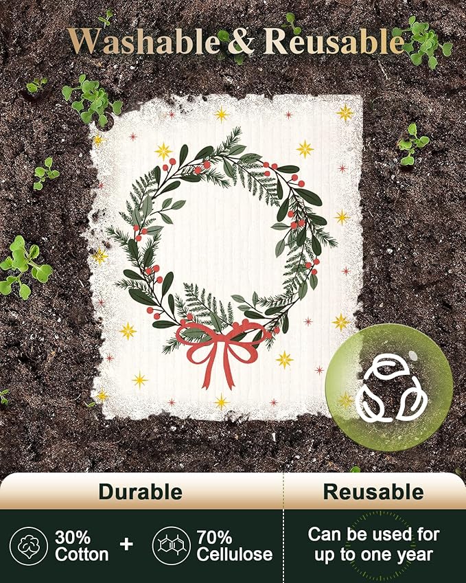 Christmas Swedish Dishcloths for Kitchen - 5 Pack Reusable Dish Cloths for Washing Dishes Absorbent Cute Winter Theme Kitchen Towels Cleaning Sponge, Pk Xmas Theme