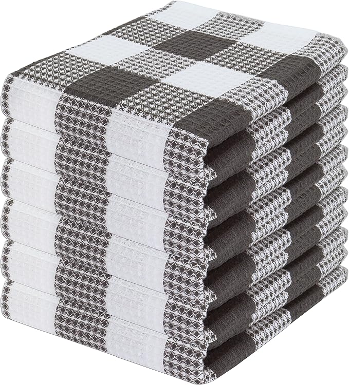 PurpleEssences 100% Cotton Waffle Weave Check Plaid Kitchen Towels, Super Soft and Absorbent Dish Towels for Drying Dishes 15x25-6 Pack - Christmas Holiday Winter - Steel Grey and White