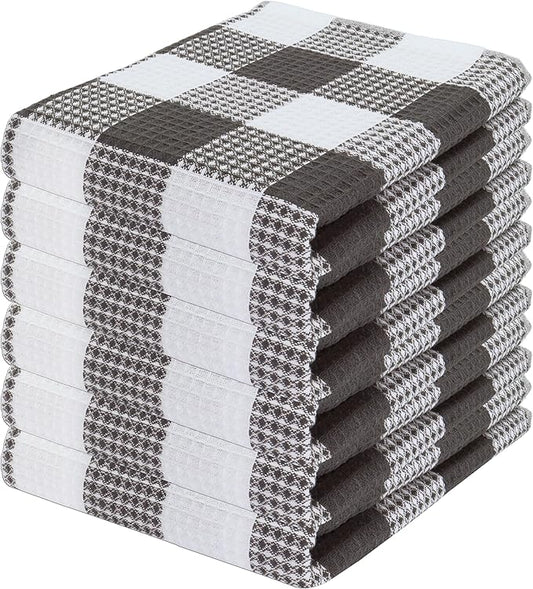PurpleEssences 100% Cotton Waffle Weave Check Plaid Kitchen Towels, Super Soft and Absorbent Dish Towels for Drying Dishes 15x25-6 Pack - Christmas Holiday Winter - Steel Grey and White