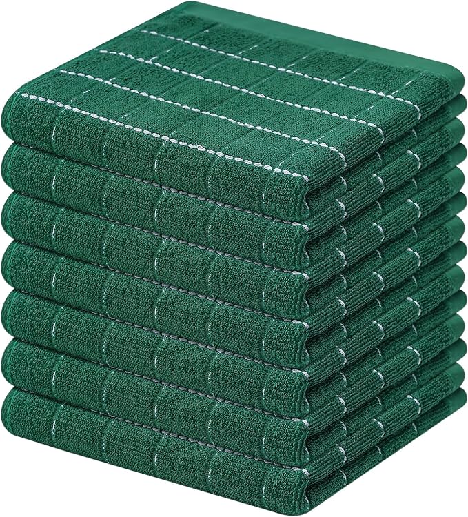 Mordimy 100% Cotton Terry Cloth Dish Cloths, Soft and Absorbent Checkered Dish Towels, Quick Drying Dish Rags for Washing Dishes, 8 Pack, 12 x 12 Inches, Dark Green