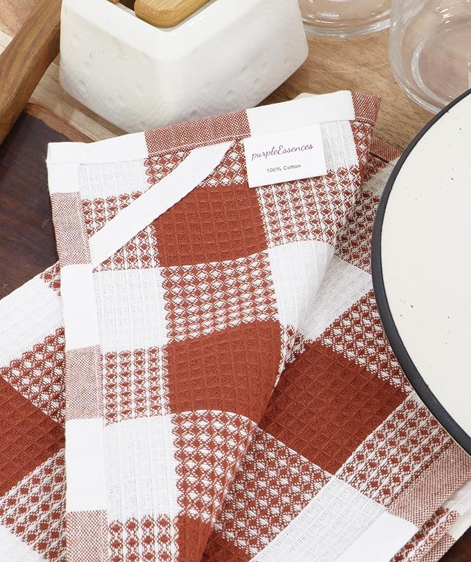 PurpleEssences Rust 100% Cotton Waffle Weave Check Plaid Kitchen Towels, Super Soft and Absorbent Dish Towels for Drying Dishes 15 x 25-4 Pack - Christmas Holiday Winter - Rust and White
