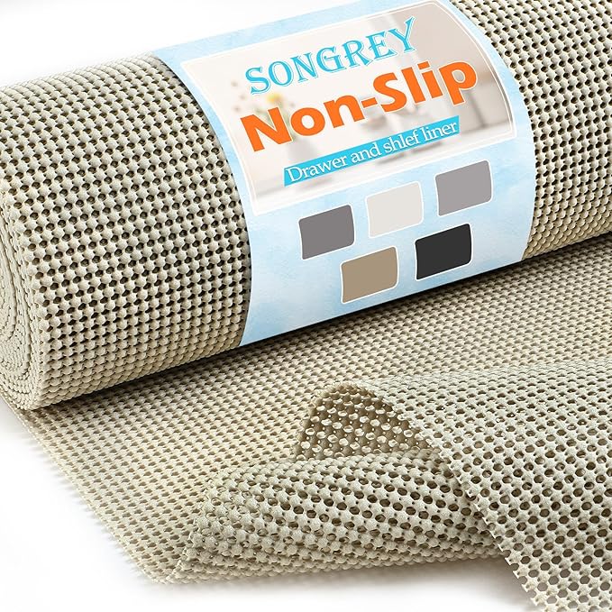 Songrey Non-Adhesive Drawer and Shelf Liner, Non Slip Cabinet Liners, Protect Kitchen Cupboard, Bathroom Drawers, Breathable, Thick Strong Grip mat (12IN x 30FT, Beige)