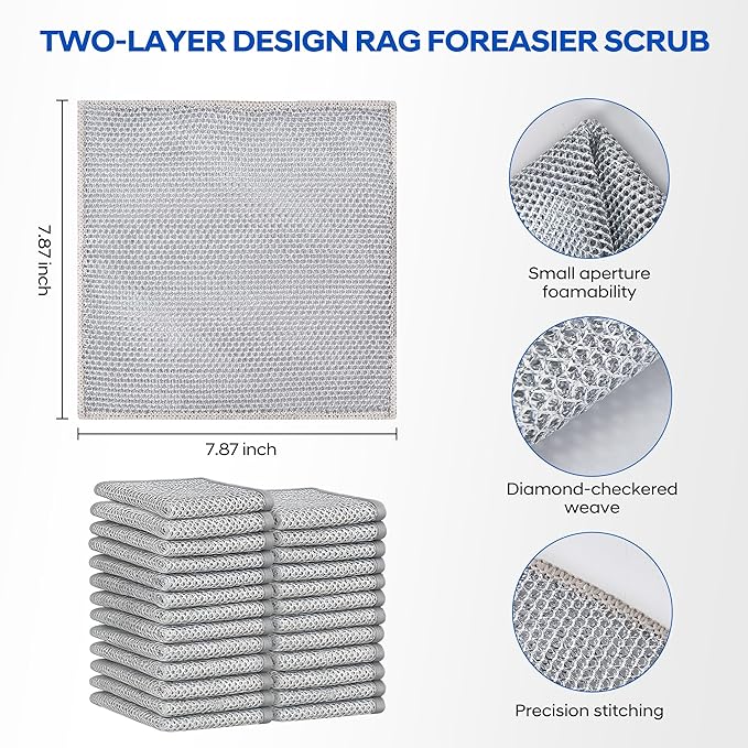 Non Scratch Wire Dishcloths-Upgraded Multiple-Layer Steel Wool Dish Rags Multipurpose Wire Dishwashing Rags Quick-Dry Odor-Free Wire Cloth Cleaning Rags Home Essentials Tools Size (7.87 x 7.87)25 PC's