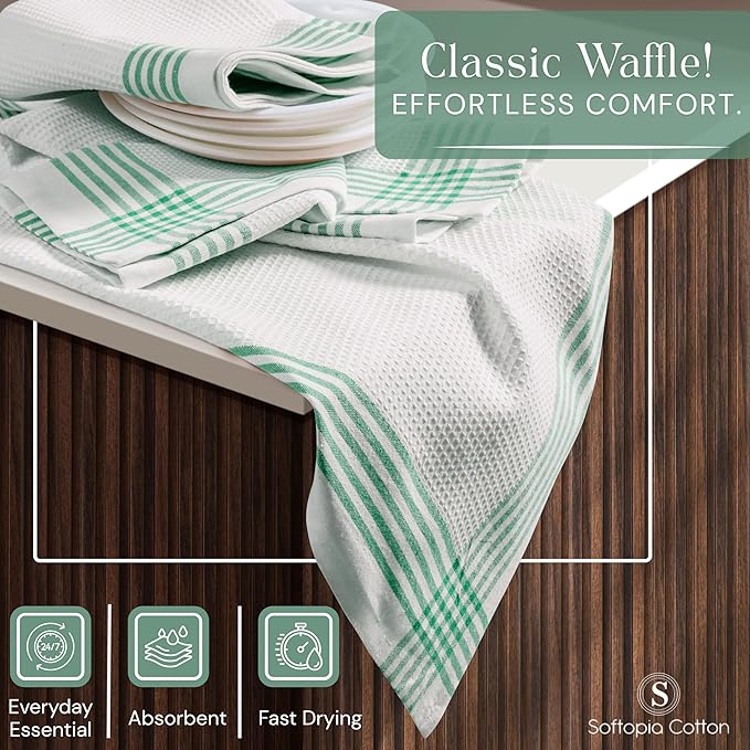 Waffle White & Dark Green Kitchen Towels 4 Pack, 100% Cotton, 16x26 inches, Super Absorbent Tea Towel for Drying Dishes, Quick Drying Kitchen Cloth Set for Daily Cooking, Cleaning