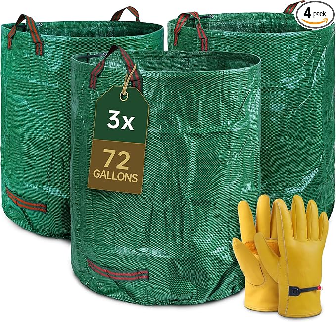 72 Gallon Reusable Yard Waste Bags (3 Pack), Heavy Duty Stand-Up Leaf & Lawn Bags, 150 GSM Woven PP (PE Coated), Double-Layer Bottom, Top & Bottom Reinforced Handles, Cowhide Gloves Included