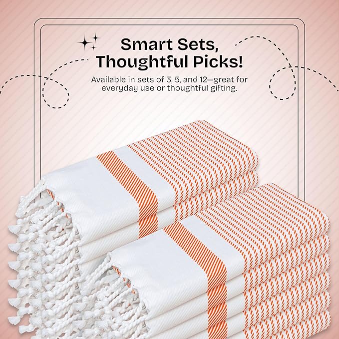 Orange Turkish Kitchen Towels 16x26 Inch, 12 Pack, 100% Cotton, Ultra Absorbent, Soft, Fast Dry, Machine Washable, Dish Towel with Tassels for Drying Dishes, Cleaning, Everyday Use