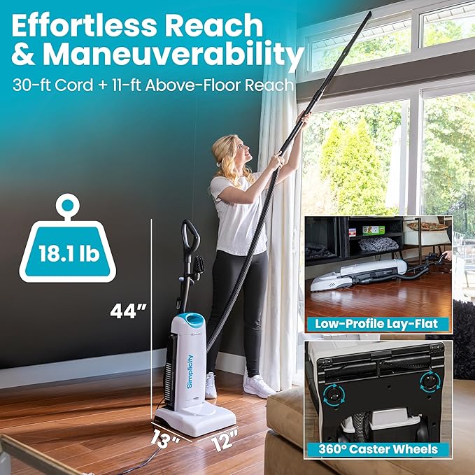 Simplicity Vacuums Premium Allergy Upright Vacuum Cleaner – Multi-Surface Bagged Vacuum Cleaner for Home with Charcoal HEPA Filter Media, Powerful Pet Hair Pickup, Brushroll Activation Switch, S26