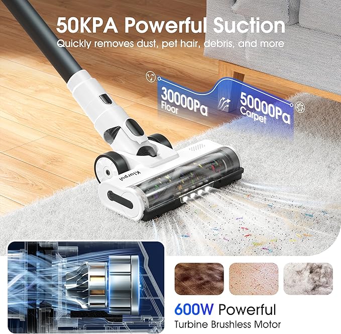 Cordless Vacuum Cleaner, 2 Batteries 140 Mins Runtime 600W 50Kpa Stick Vacuum Cordless, Self-Standing Vacuum Cleaners for Home with 2.5H Fast Charging, for Floor/Carpet/Pet Hair, White