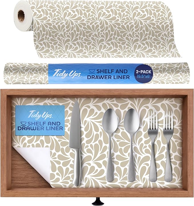 Self Adhesive Shelf Liner (2-Pack, 19.5in x 6ft) — Absorbent Felt Cabinet Liner for Shelves & Kitchen Drawers, Soft Glide Surface with Adjustable, Residue-Free Adhesive (Sandstone Petals)