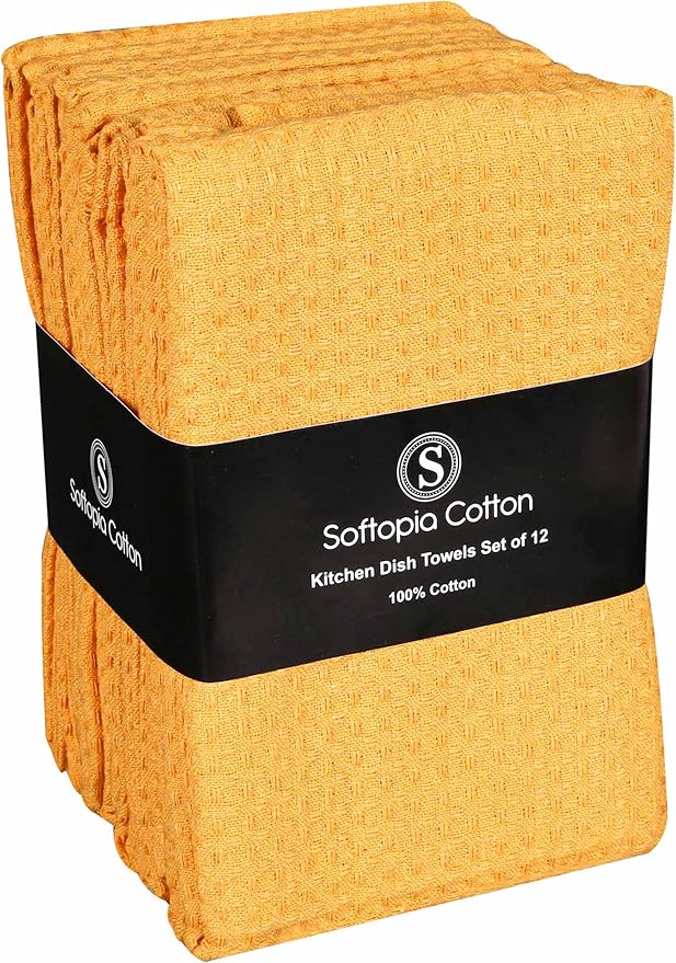Yellow Waffle Kitchen Dish Towels, 100% Cotton, Quick Dry, Super Absorbent, Soft, 16x26 Inches – Ideal for Dish Drying, Bar, Tea, Cleaning, and Everyday Use, 12 Pack, Mustard Yellow